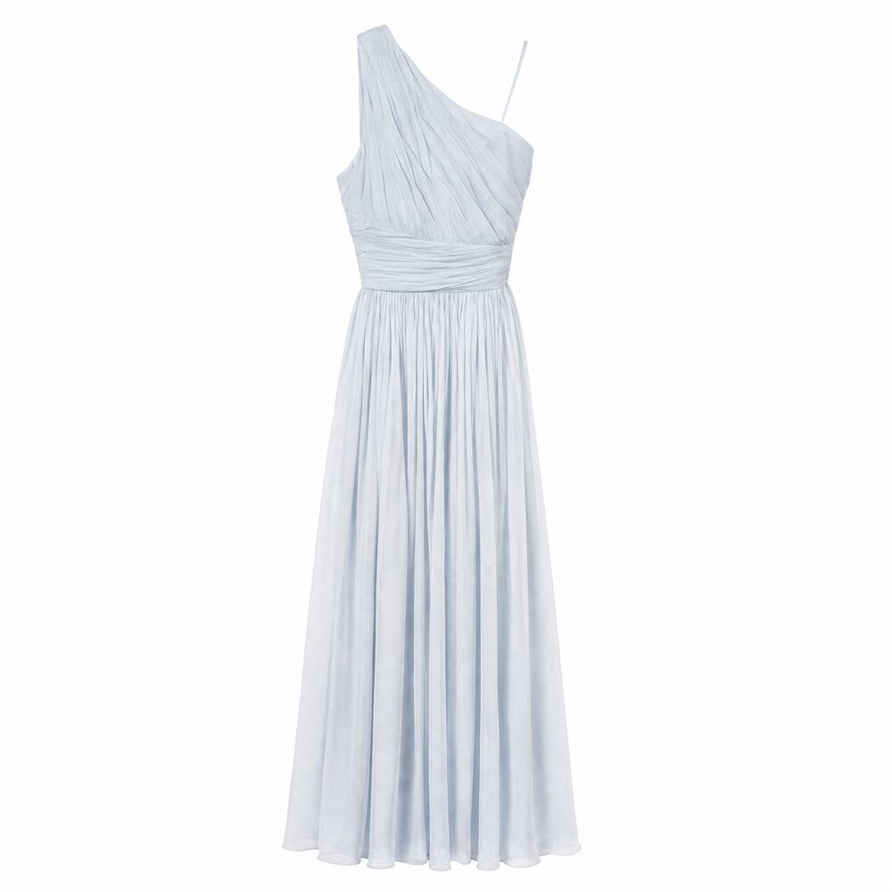 Pamella Roland Ice Blue 100% Silk One-Shoulder Pleated Chiffon Gown